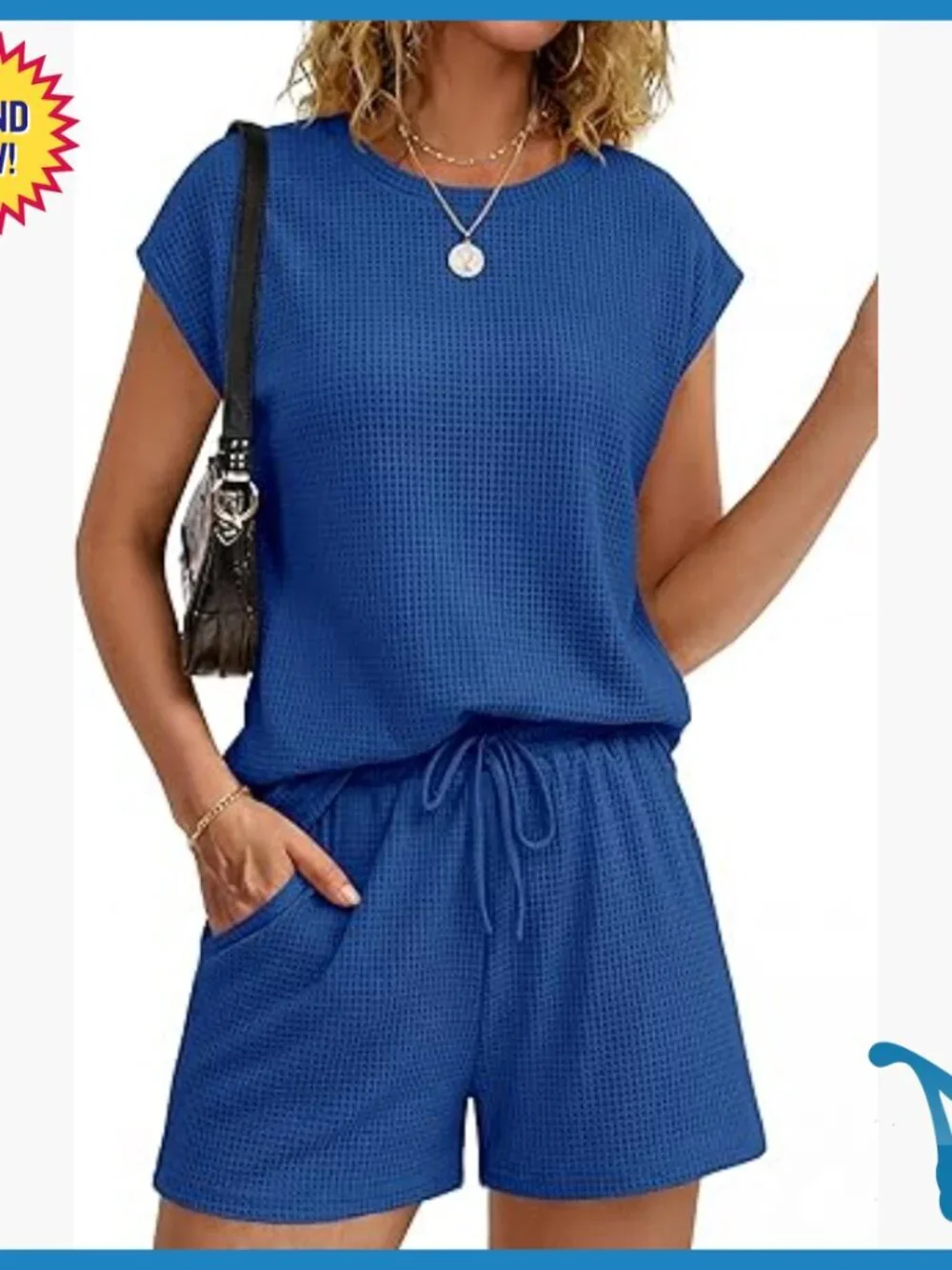 Waffle Knit Lounge Short Set Cap Sleeve Drawstring Pockets Medium